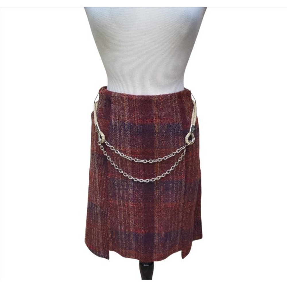 Manigance Paris Tweed Plaid Brown Orange-Red Lined Knee Belted Skirt - 40 /6